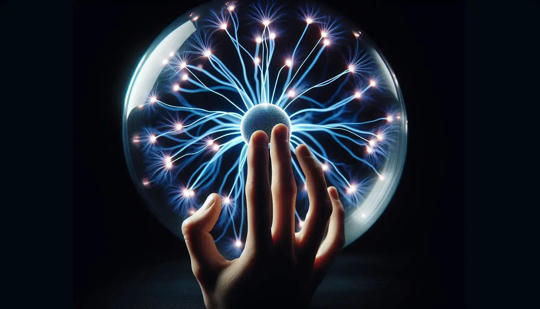 Mano umana vicina a una sfera di plasma che emette fulmini blu e viola su sfondo scuro, evocando curiosità e meraviglia.