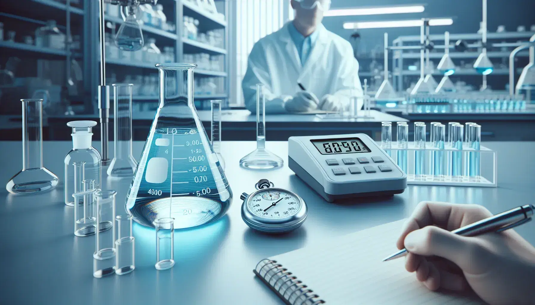 Laboratorio de química con matraz Erlenmeyer sobre placa calefactora y cronómetro, científico anotando resultados al fondo, ambiente de investigación científica.