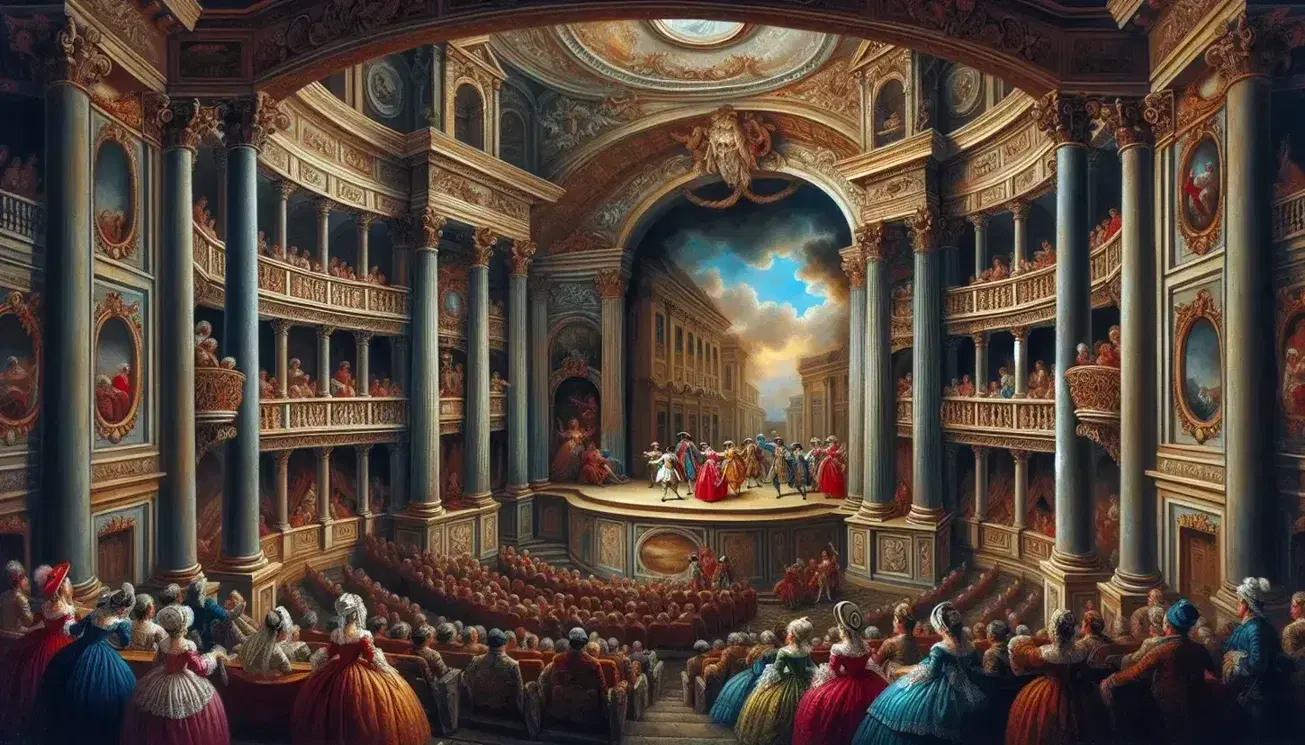 Interno teatro barocco durante rappresentazione con spettatori in abiti d'epoca, attori sul palco e decorazioni dorate.