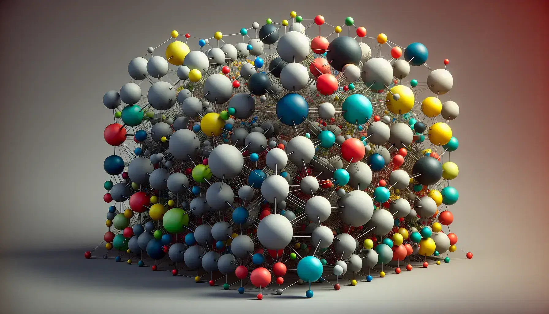 Estructura tridimensional con esferas negras grandes y esferas pequeñas en rojo, azul, verde y amarillo unidas por varillas grises.