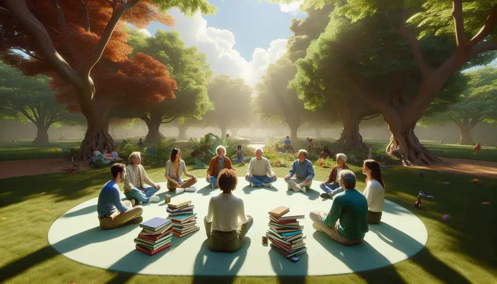 Grupo de cinco personas sentadas en círculo sobre alfombra verde en parque, rodeados de árboles, con libros apilados en el centro bajo luz solar filtrada.
