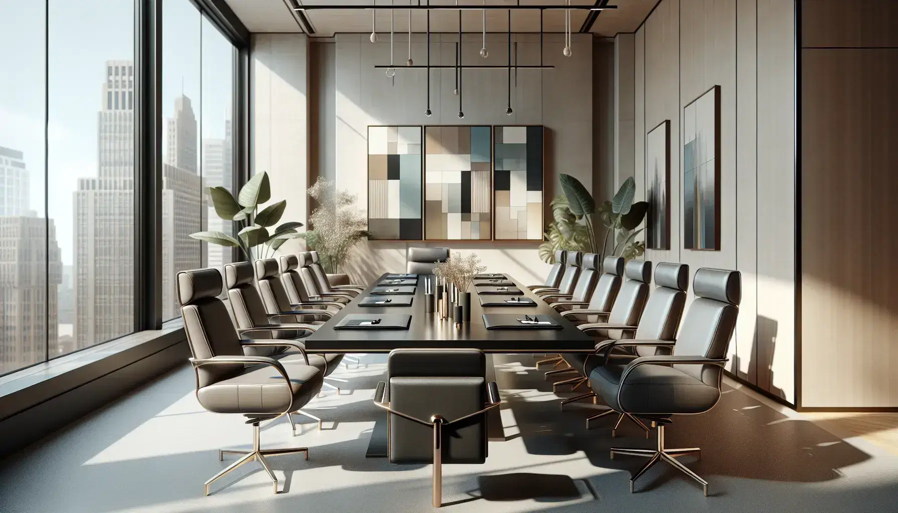 Sala de reuniones moderna con mesa de madera oscura, sillas ergonómicas grises, portafolios negros y ventanas amplias con vista urbana.
