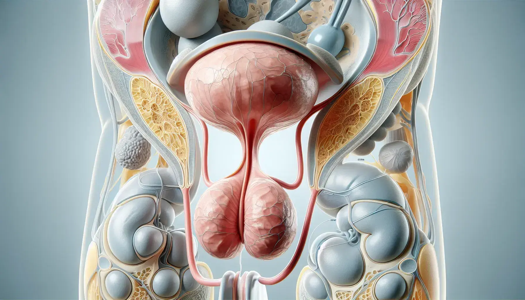 Representación anatómica tridimensional de la próstata humana en color rosa claro, con la vejiga urinaria en azul translúcido y la uretra en amarillo, rodeada de tejidos en grises y blancos.