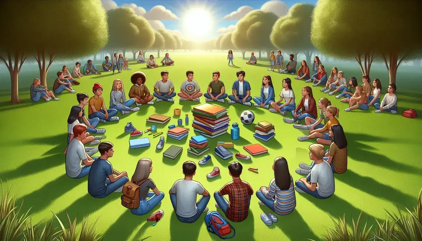 Grupo de adolescentes diversos sentados en círculo en un parque sobre césped verde, con un balón de fútbol, libros y auriculares en el centro, bajo un cielo azul con árboles.