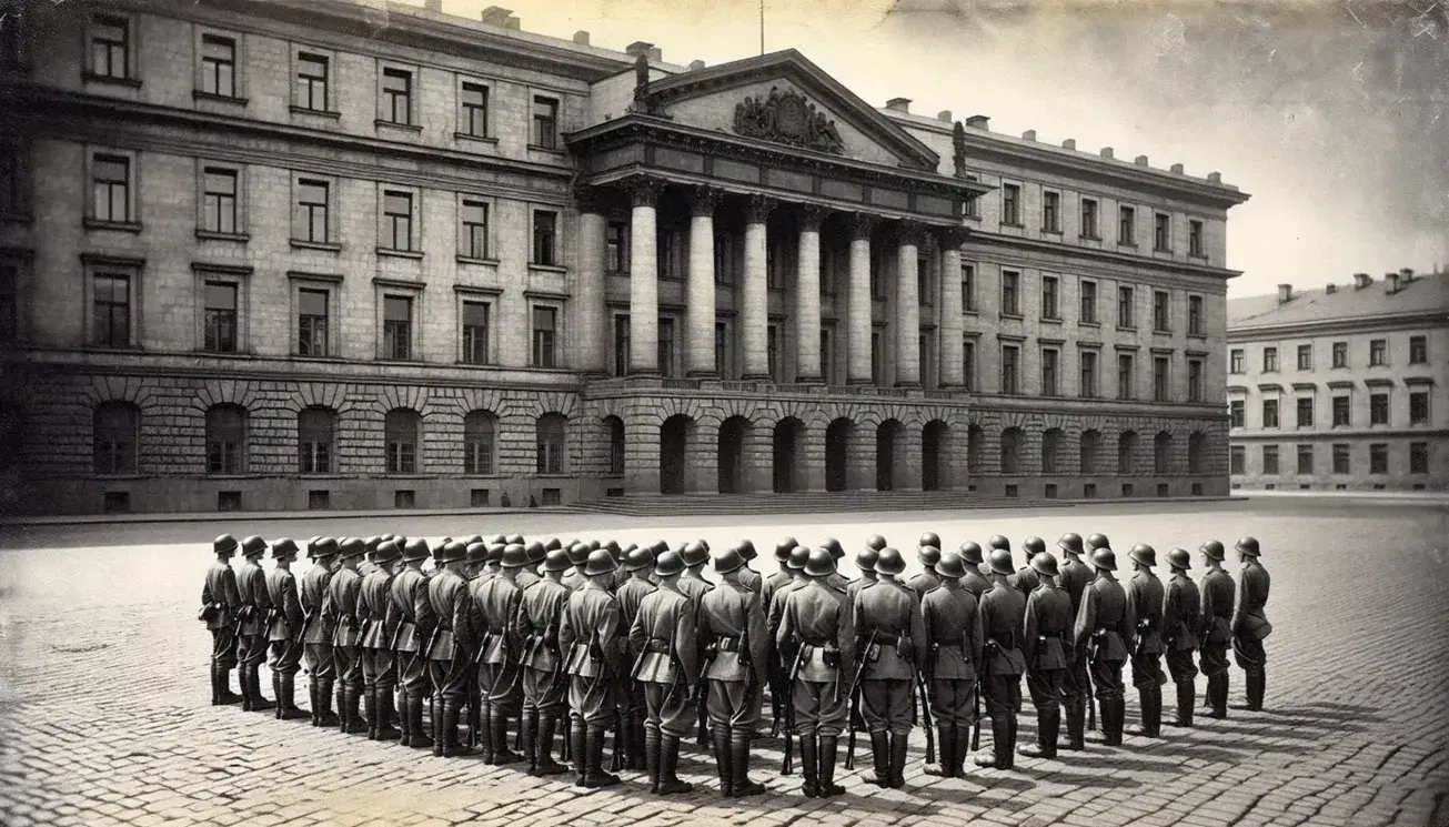 World War II era soldiers in uniform standing at attention with rifles and bayonets in front of a classical stone building in a cobblestoned square.