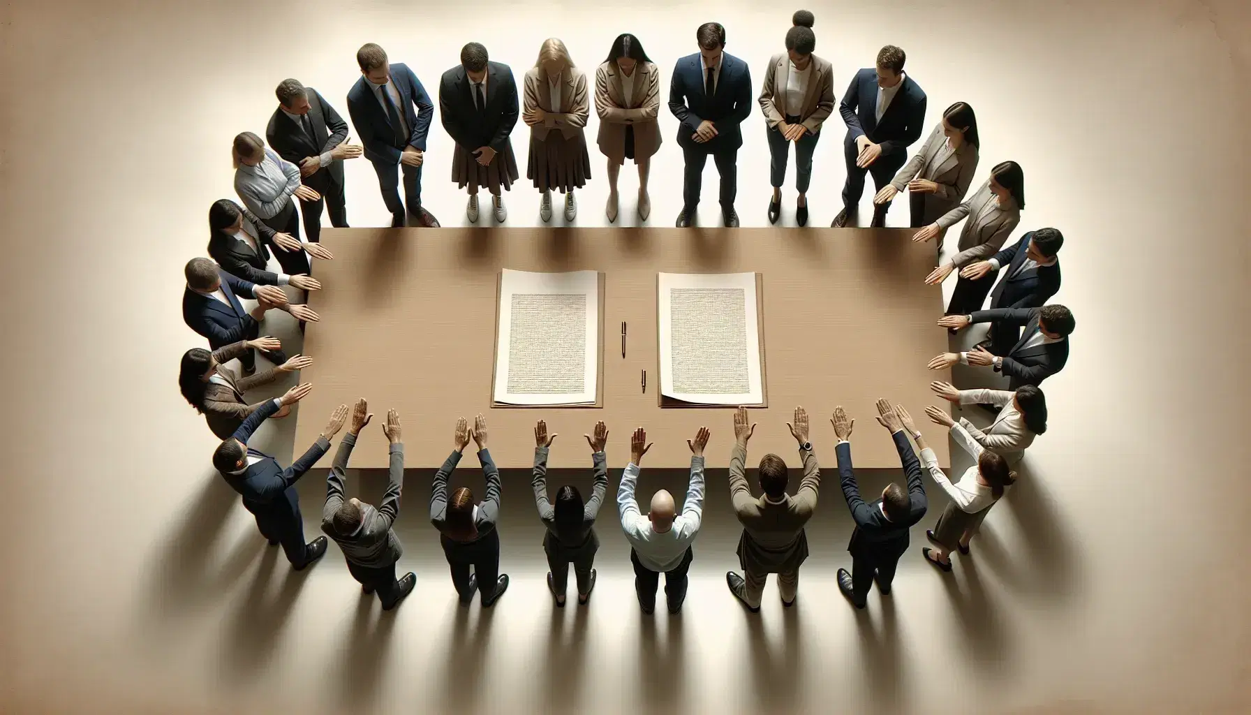 Grupo diverso de profesionales en semi-círculo alrededor de una mesa de madera con un documento grande, gesticulando y discutiendo en una sala de reuniones.