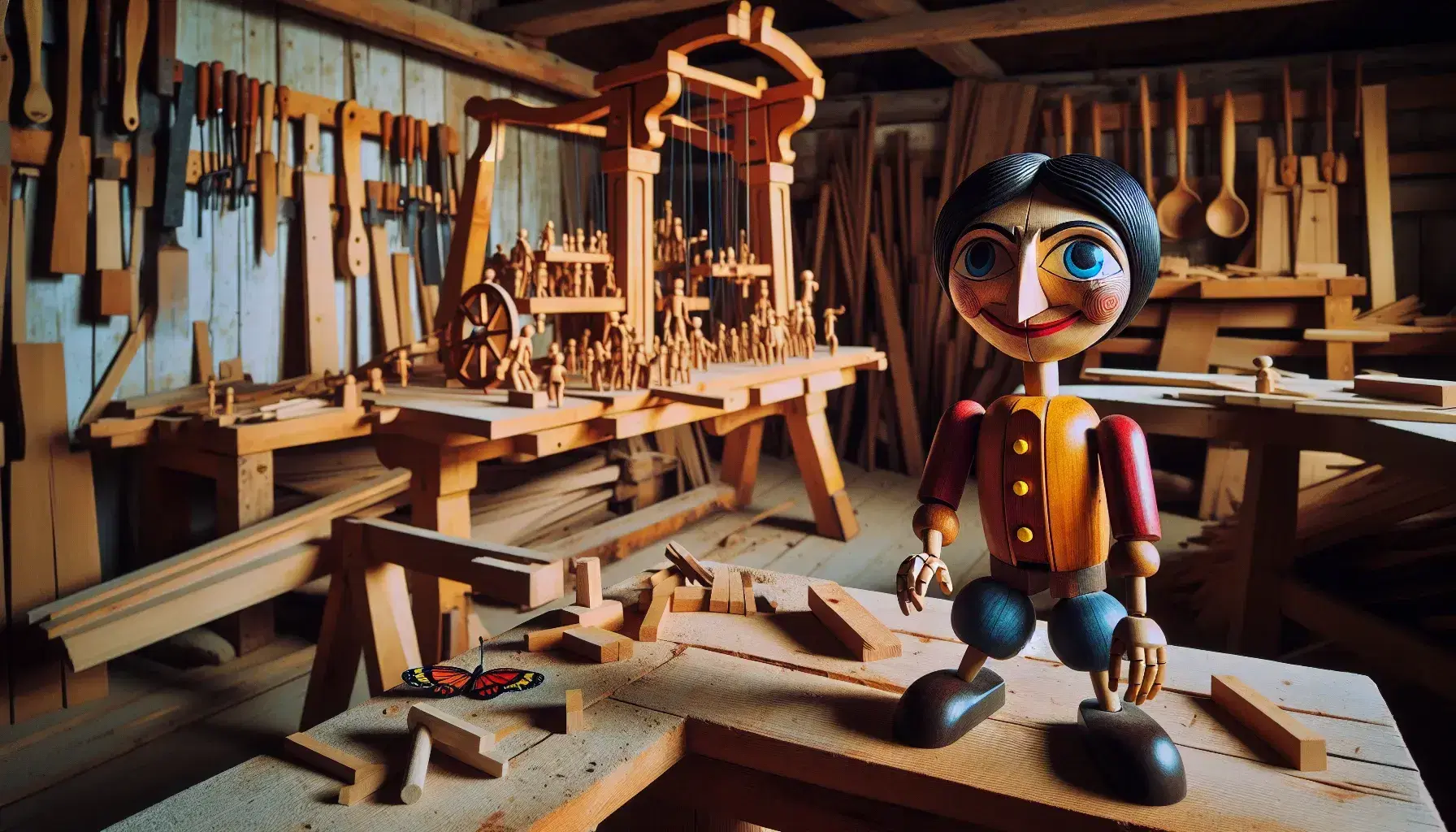 Burattino di legno colorato con naso lungo, vestito di rosso e blu, in un laboratorio di falegnameria con farfalla giallo-blu e strumenti vari.