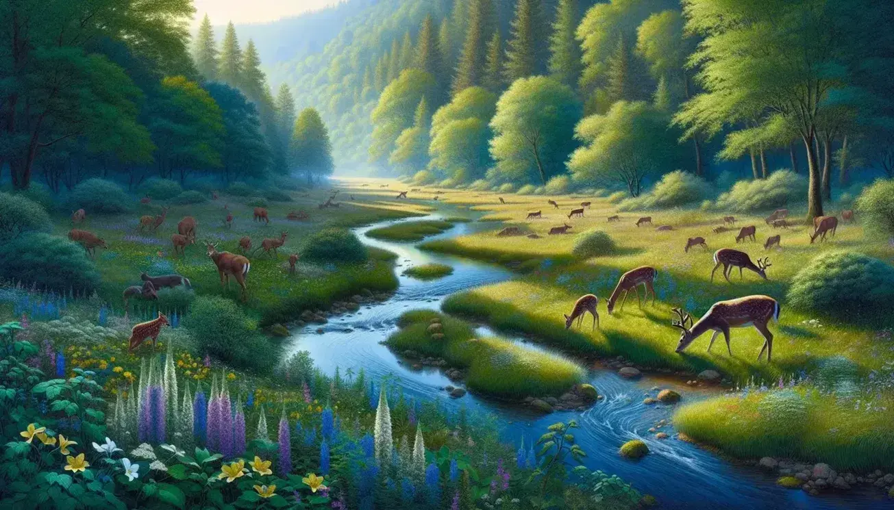 Serene meadow with wildflowers, a stream, grazing deer, and a friendly group of people, under a sky with birds in flight and scattered clouds.