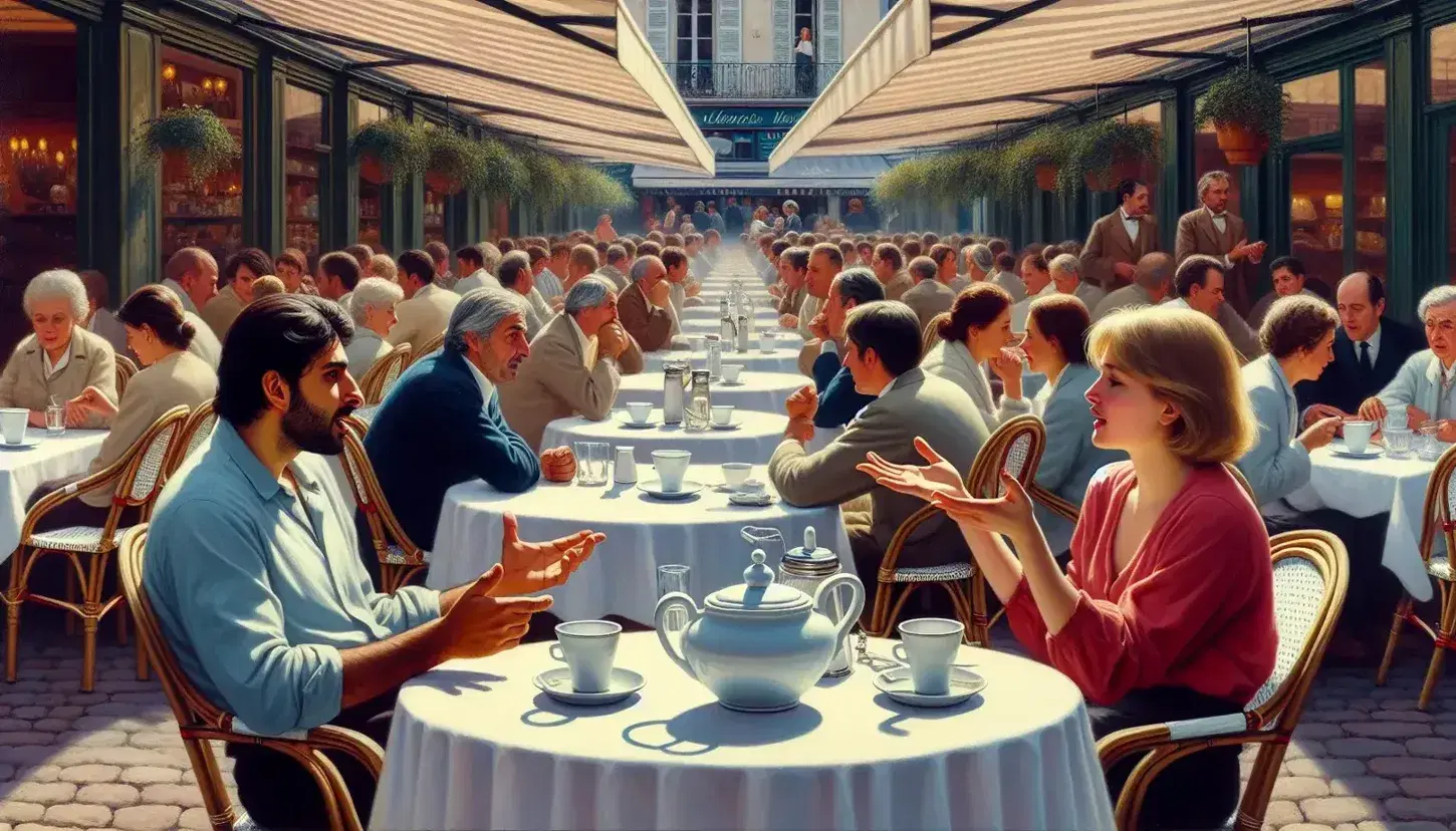 Lively French café scene with patrons chatting, two empty glass cups on a table, and a sugar bowl, under a green awning surrounded by potted plants.