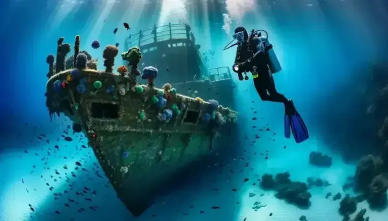 Scuba diver explores a vibrant artificial reef on a sunken shipwreck, surrounded by colorful fish and dappled sunlight underwater.