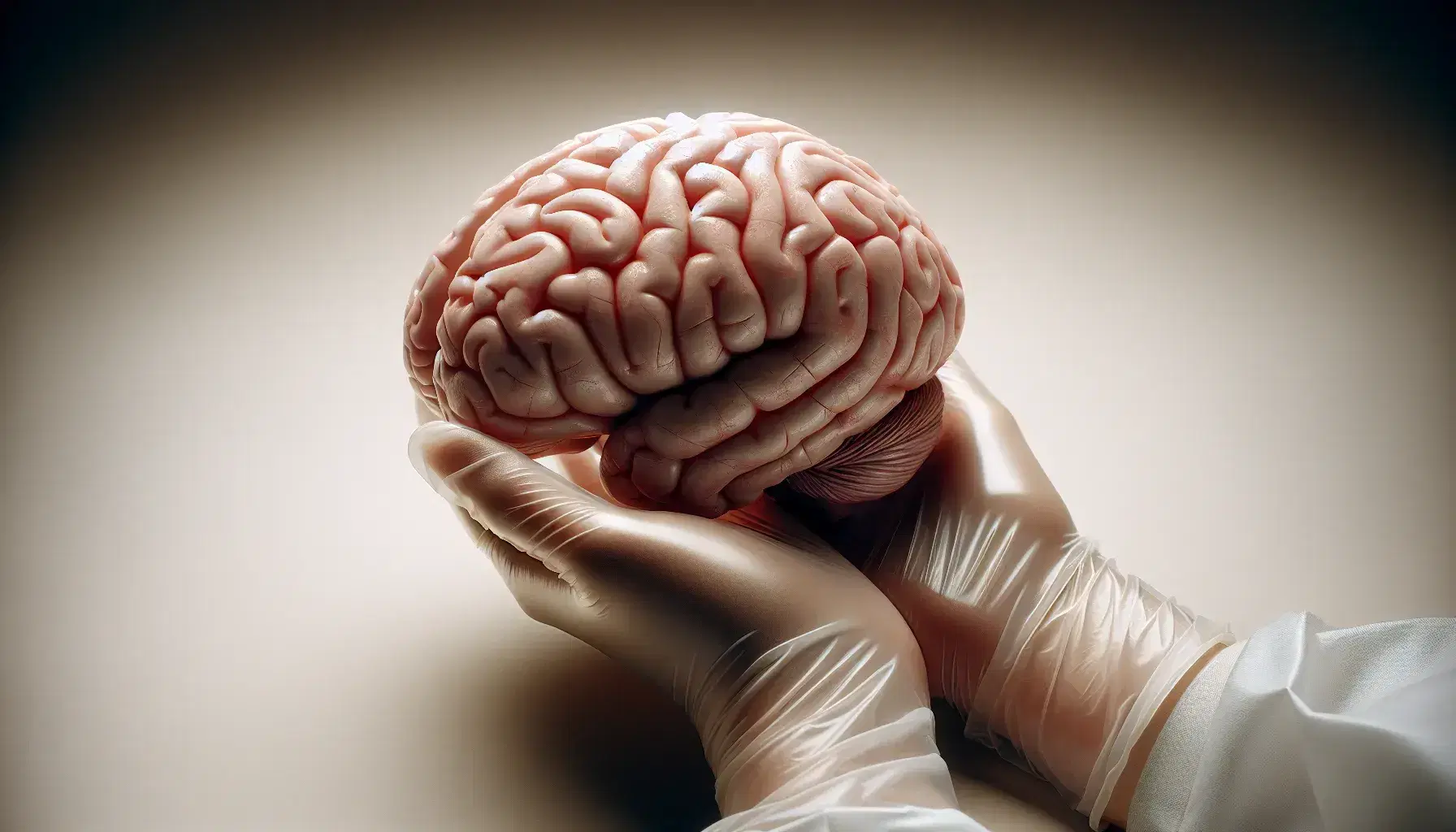 Detailed anatomical model of human brain in lateral view, held by hands in latex gloves on neutral background, with emphasis on cortical folds.