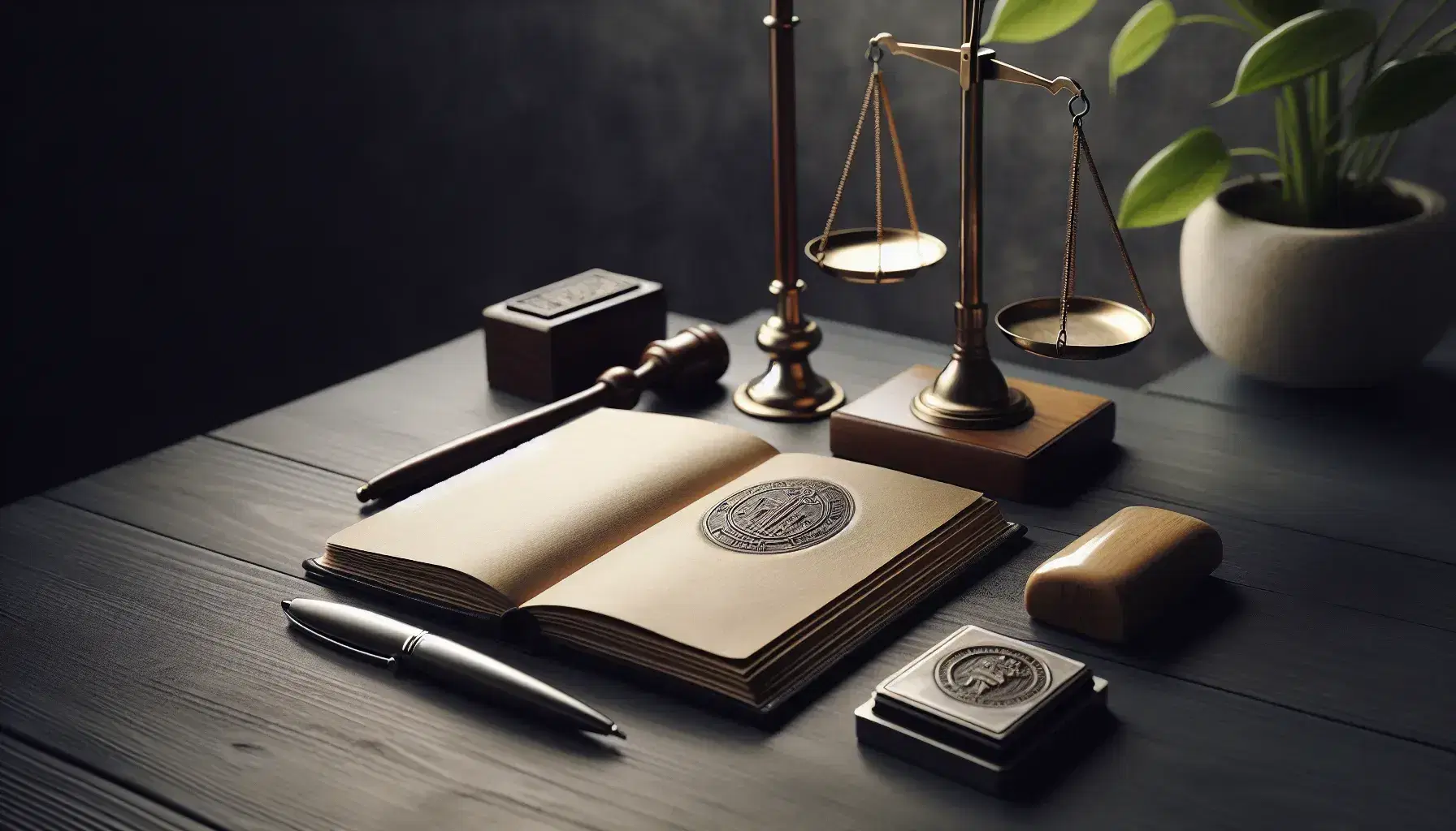 Escritorio de madera oscuro con libro abierto, balanza de justicia metálica, sello con tinta y bolígrafos, planta desenfocada al fondo.