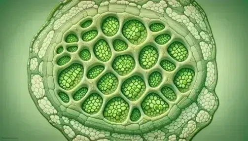 Microscopic view of a leaf cross section with dense oval green chloroplasts in honeycomb cells.