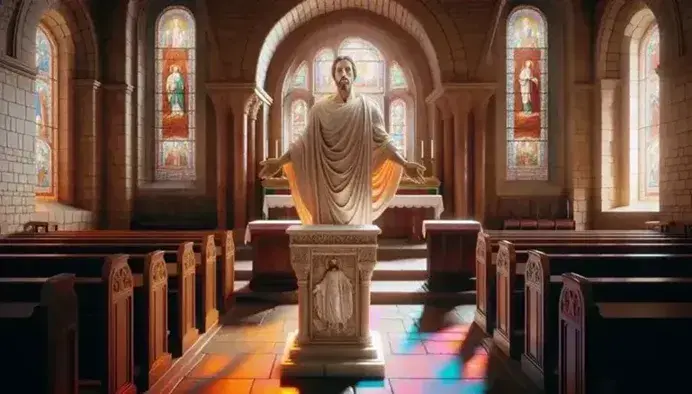Statua marmorea di Gesù risorto in chiesa antica con vetrate colorate, leggio in legno e panca, atmosfera pacifica e spirituale.