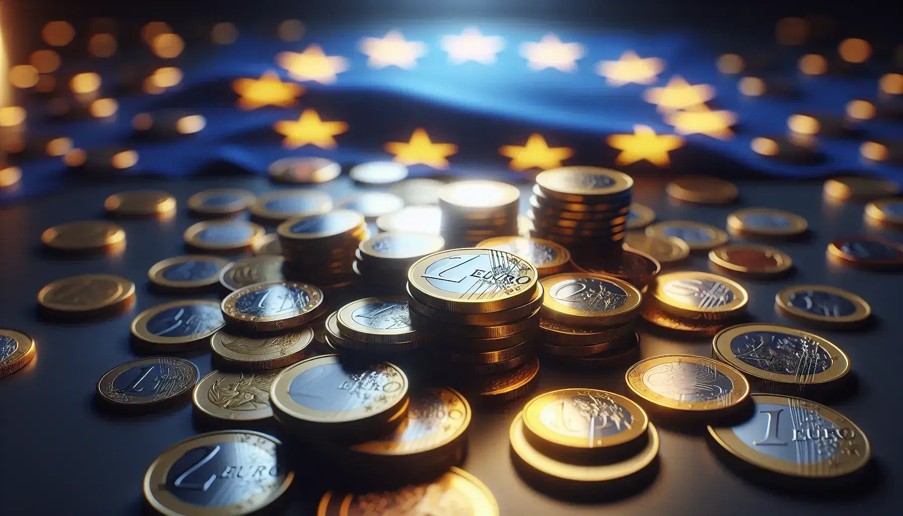 Monete Euro sparse su superficie scura con sfondo sfocato della bandiera dell'Unione Europea, simboli non leggibili.