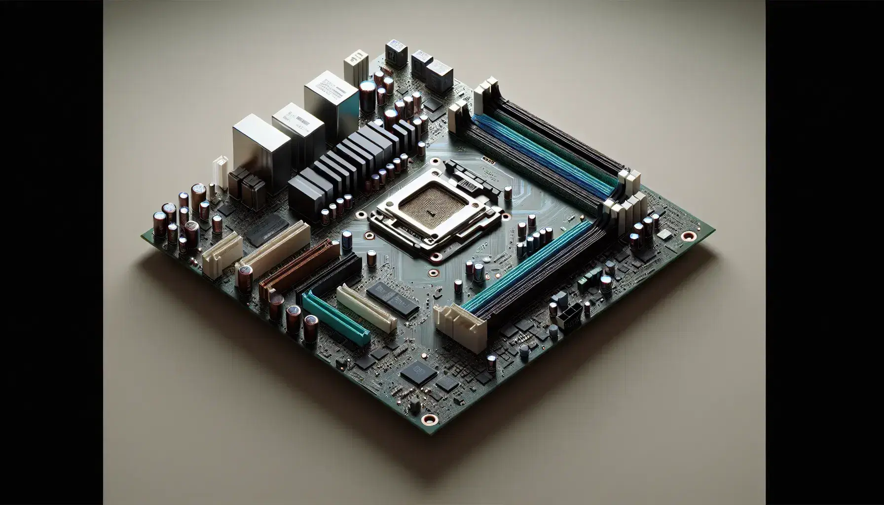Scheda madre di computer con slot RAM, connettori di espansione, socket CPU, condensatori e tracce di rame su superficie neutra.