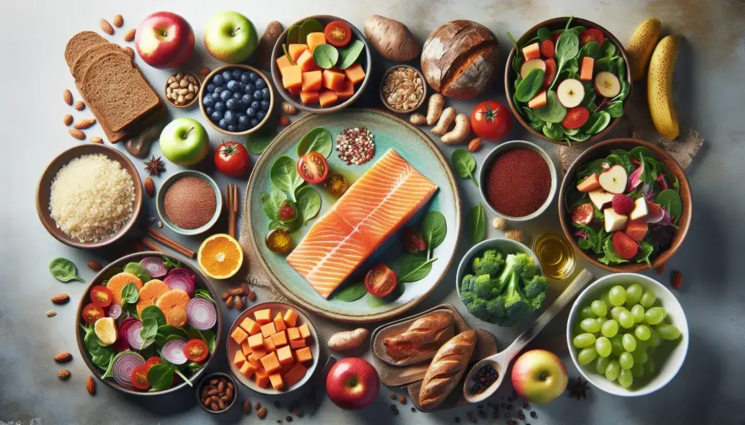 Tavola imbandita con dieta equilibrata: salmone grigliato, insalata mista, quinoa, patate dolci, pane integrale, frutta assortita, noci e acqua fresca.