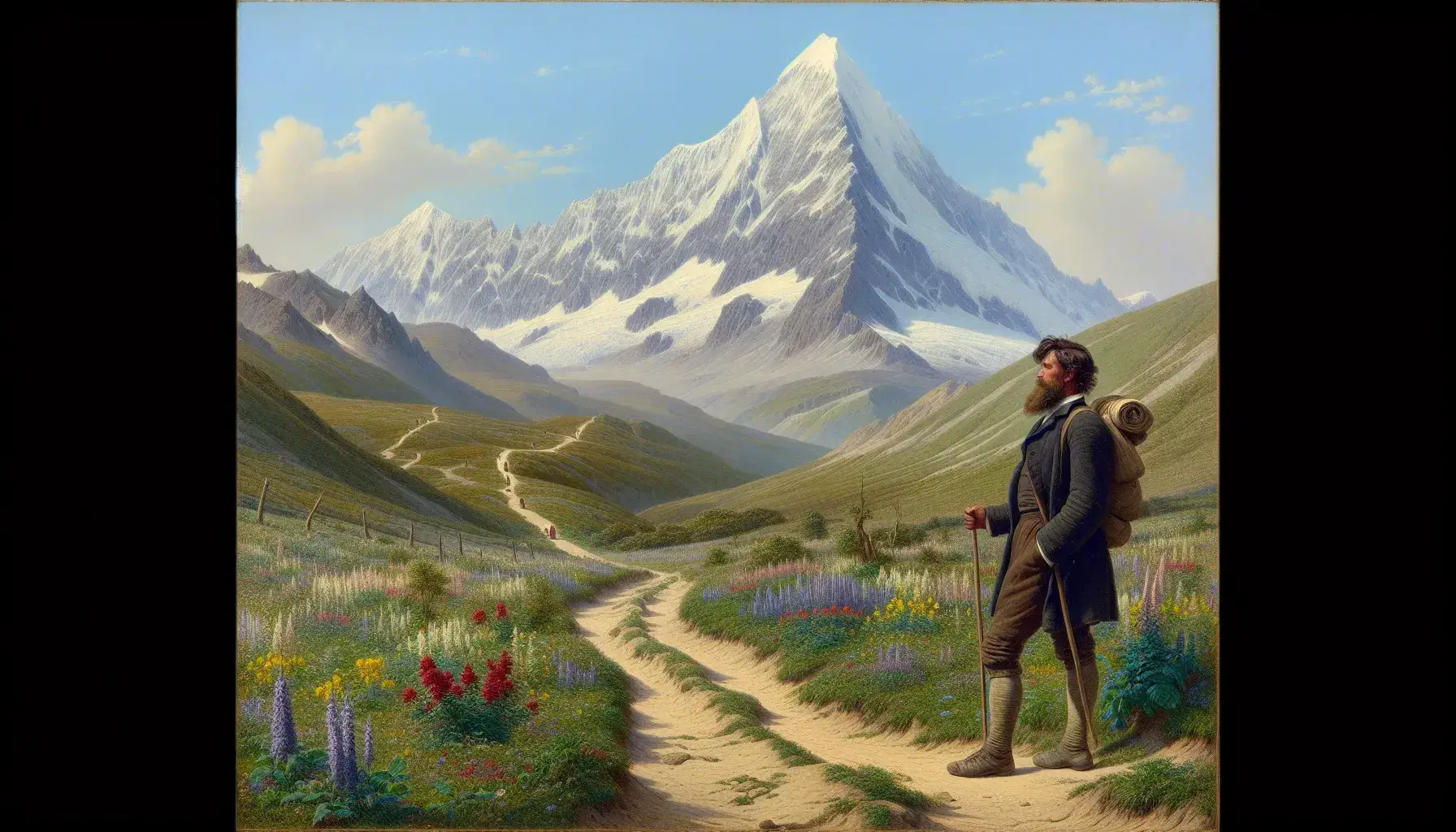 Paesaggio naturale con montagna innevata, sentiero in primo piano, prati verdi e uomo in abiti d'epoca che contempla la vetta.