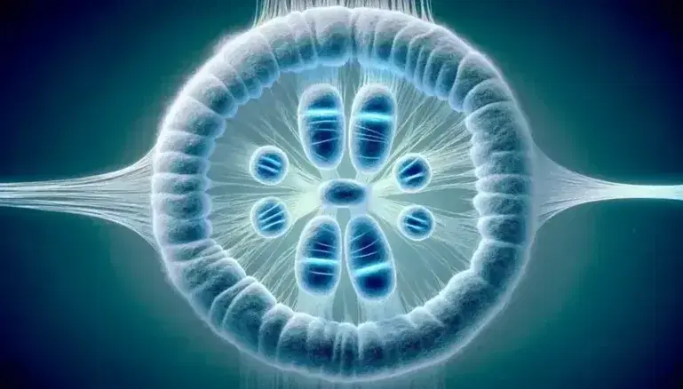 Eukaryotic cell in mitotic metaphase with chromosomes aligned to the equatorial plane, highlighted centromeres and connected spindle fibers.