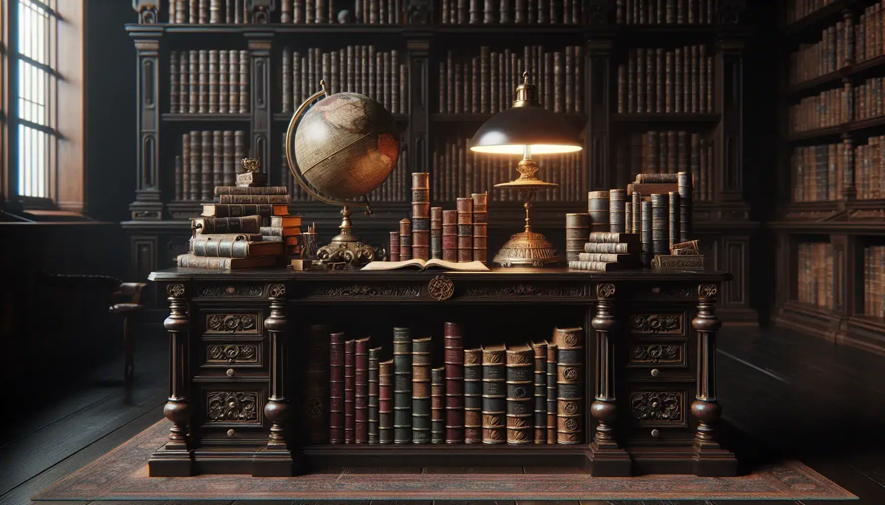 Biblioteca antica con scrivania in legno scuro, libri impilati, lampada vintage, mappamondo e figura umana assorta nella lettura.