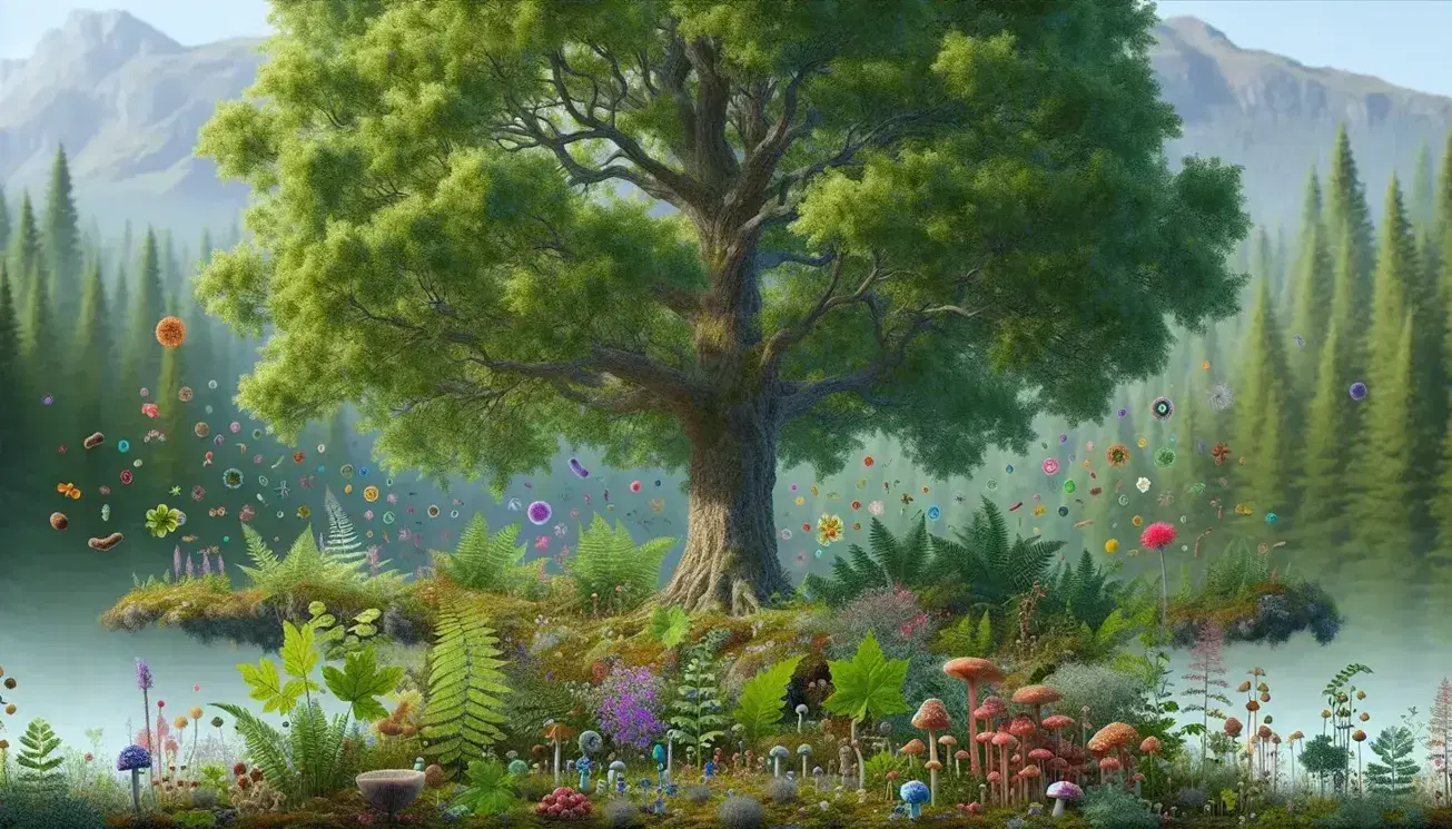 Majestic broad-leaved tree with a thick trunk, dense green canopy, and diverse undergrowth of flowering plants, mushrooms, and ferns in a tranquil forest.