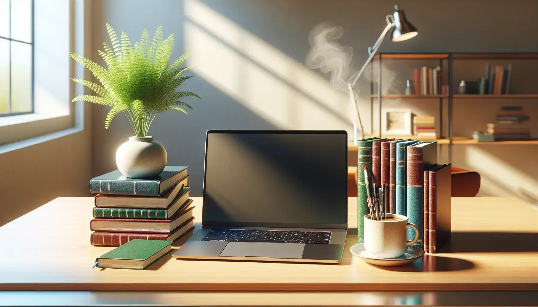 Tidy desk with modern laptop, cup of steaming coffee, stacked books and green plant in terracotta pot, in a bright room.