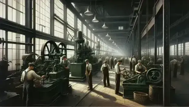 Interior of an early 20th century factory with workers in overalls working on green machinery, natural lights from windows and steel beams.