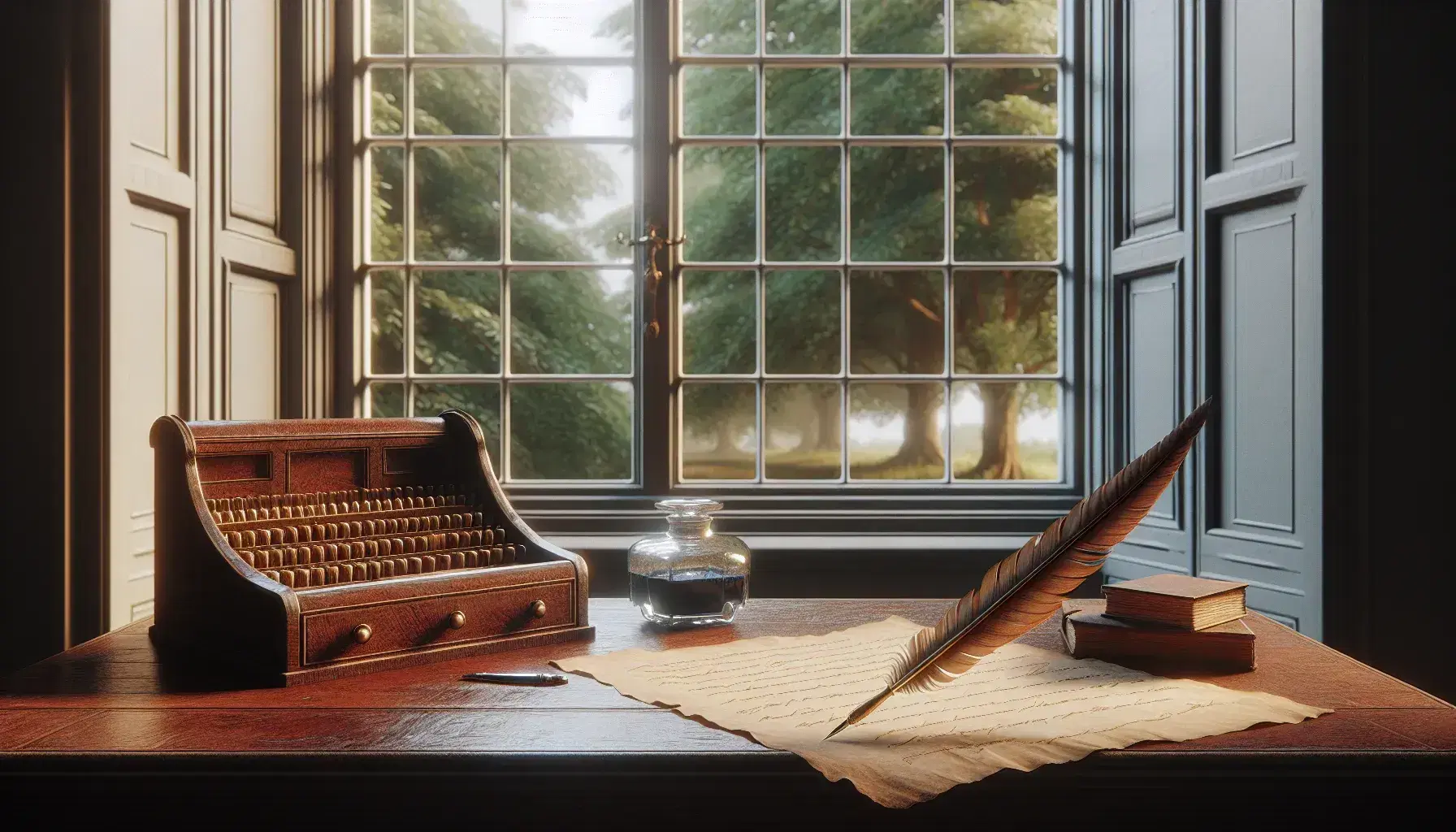 Late 18th-century writing desk with quill and inkwell, blank parchment, leather-bound books, and a high-backed chair, set against a window with a view of green trees.