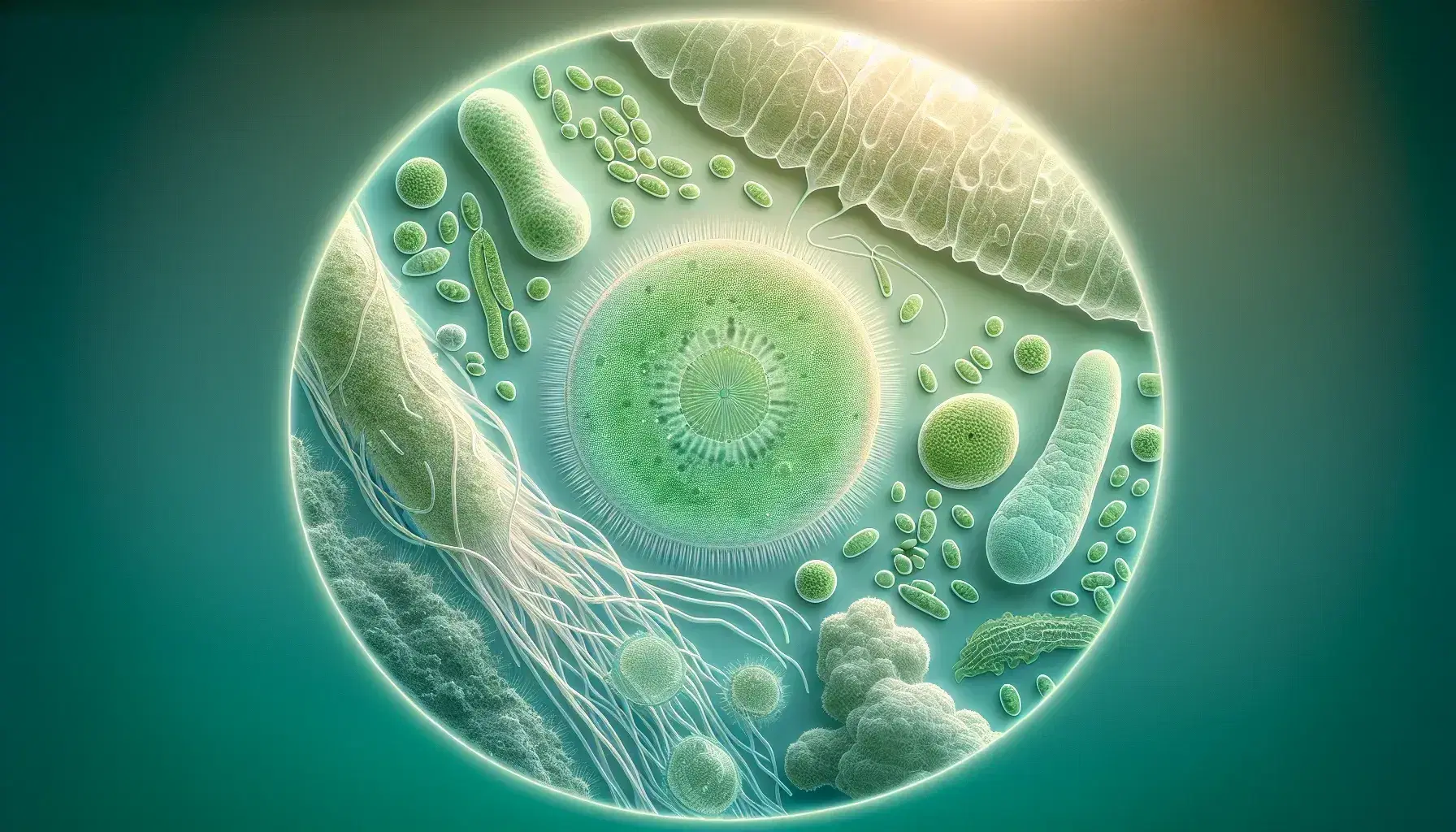 Vista microscópica de protistas y algas unicelulares con una alga esférica verde central, organismos flagelados marrones y una colonia de algas filamentosas en tonos de azul verdoso.