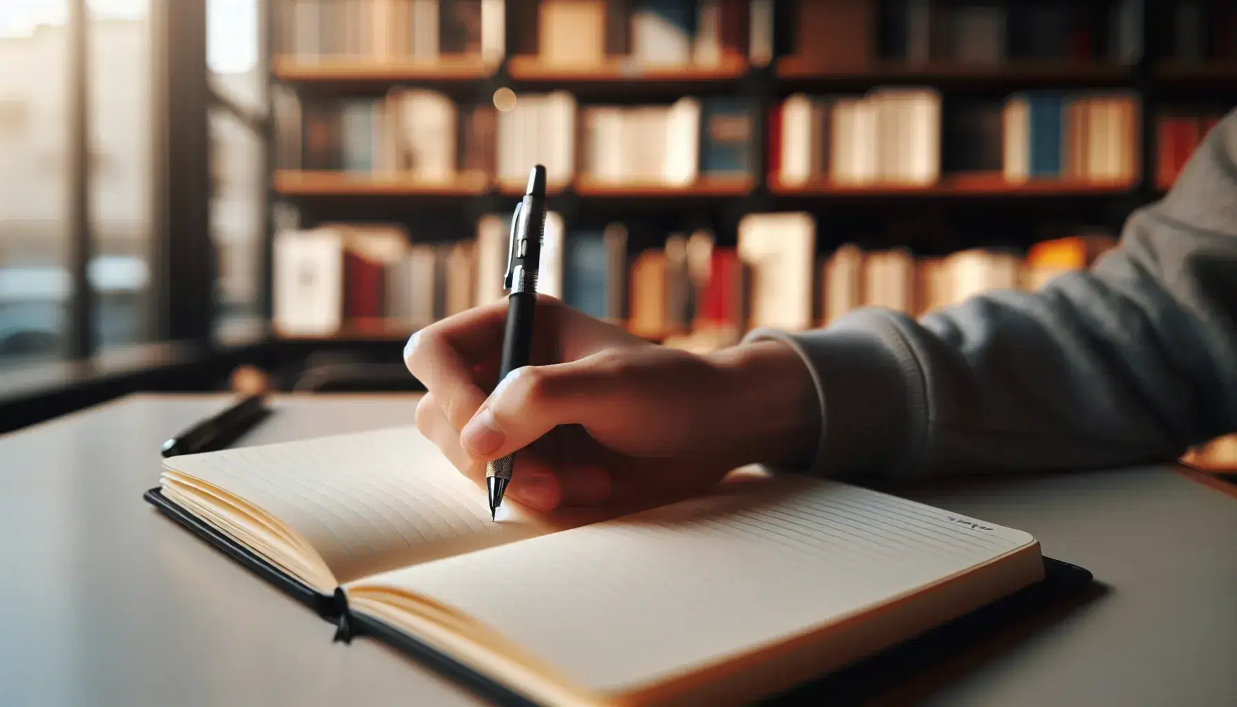Mano sujetando un bolígrafo negro mientras escribe en un cuaderno abierto con páginas color crema y líneas azules, fondo desenfocado con estantes de libros.