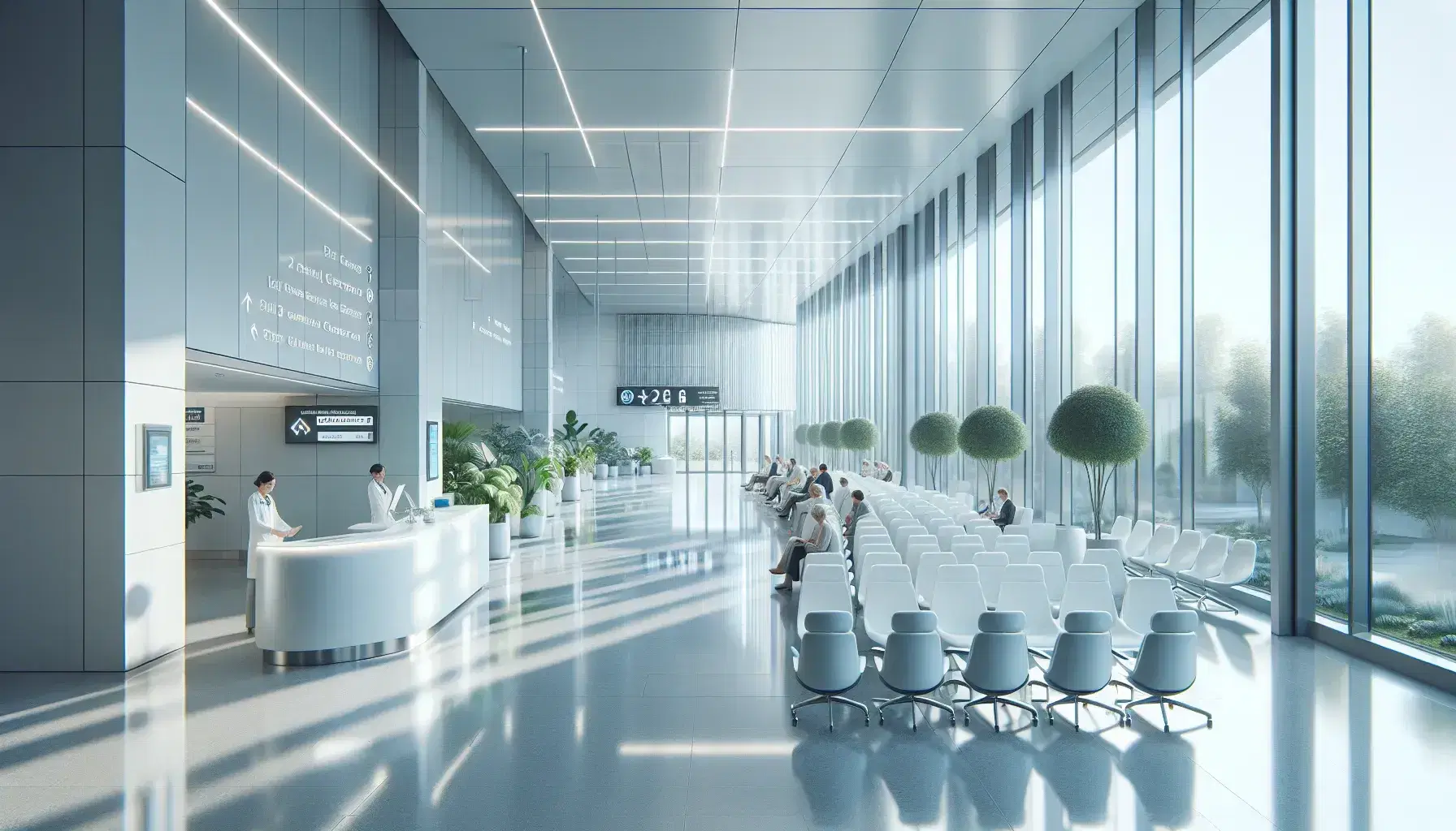 Sala d'attesa moderna e luminosa in ospedale con sedie bianche ordinate, persone sedute, finestra con vista giardino e banco accoglienza.