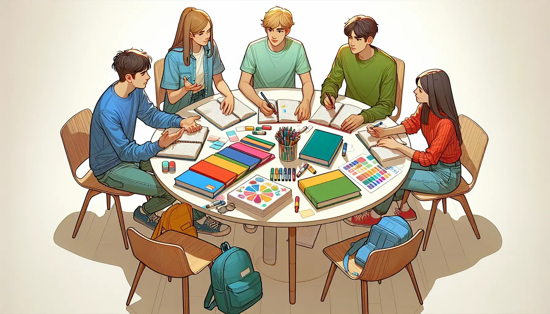 Cuatro estudiantes adolescentes colaboran en un proyecto sentados alrededor de una mesa redonda con papeles, marcadores y libros, en un ambiente iluminado naturalmente.