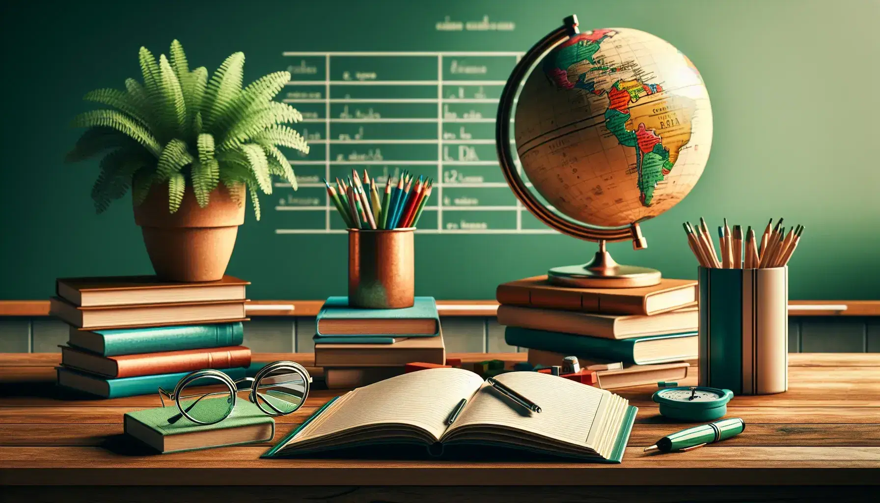 Spanish classroom setting with a wooden desk, open notebook, pen, reading glasses, chalkboard, potted plant, stack of textbooks, and a globe on a stand.