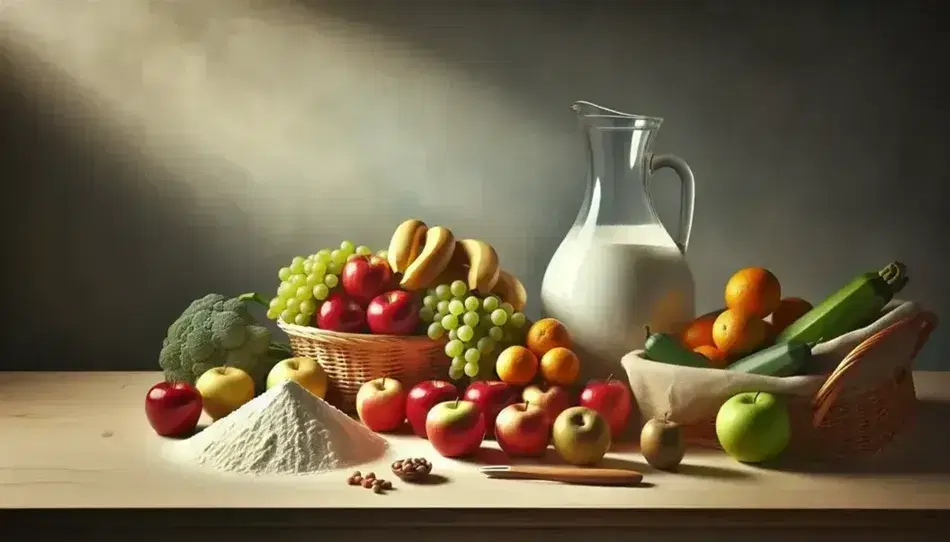 Tavolo in legno con fila di mele rosse, mucchio di farina bianca, caraffa d'acqua e cesto di frutta e verdura vari.