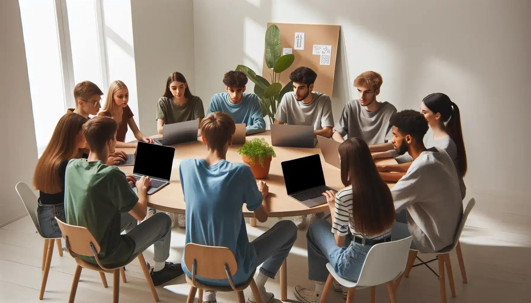 Estudiantes diversos concentrados alrededor de una mesa redonda con laptops apagadas en un aula iluminada naturalmente, con pizarra blanca y planta verde.