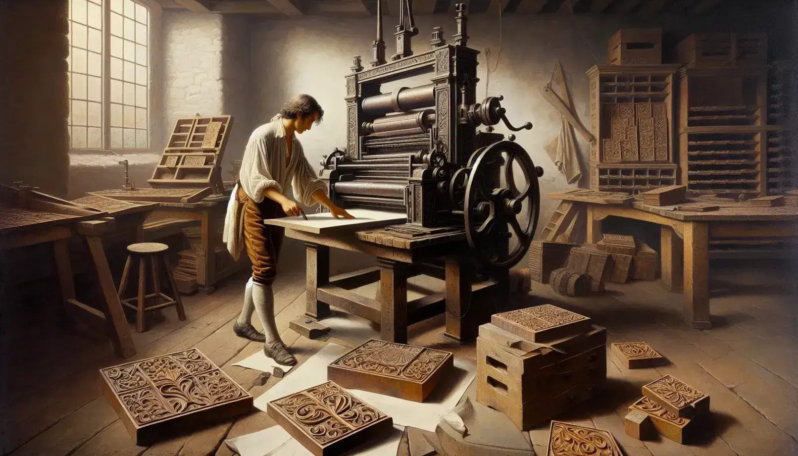 18th-century printing press operation with a man in period clothing, detailed hand-carved blocks on a table, in a stone-walled workshop.