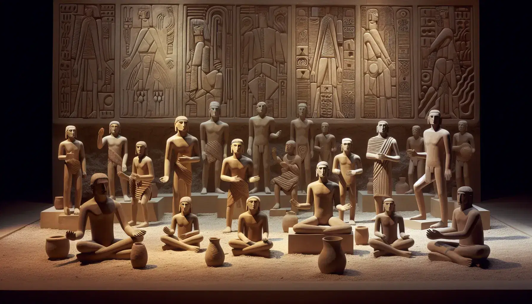 Figuras de arcilla en tonos marrones representando personas en poses variadas, con detalles de vestimenta y rostros definidos, ante un fondo con grabados geométricos.