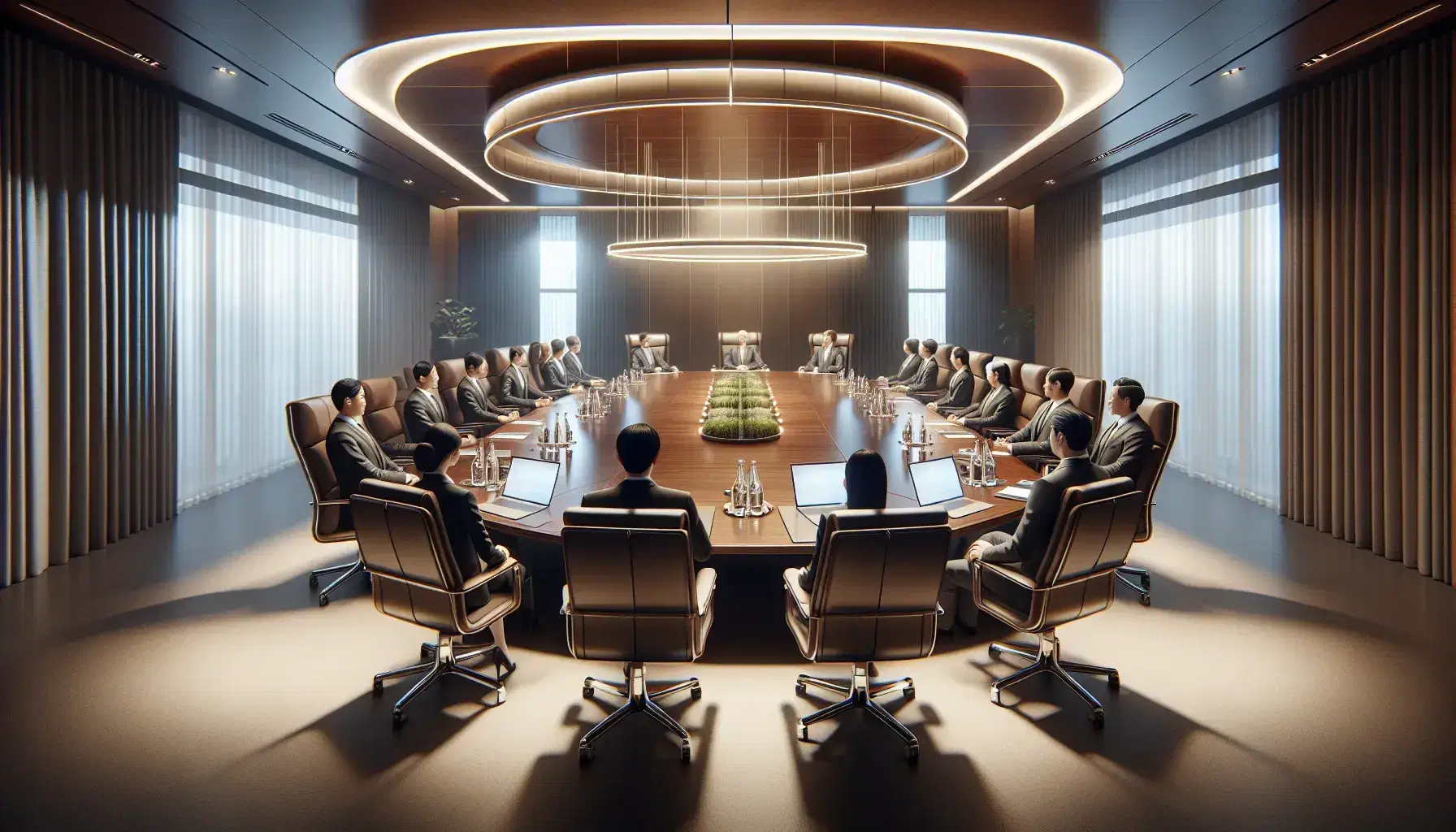 Diverse professionals in a boardroom with a large wooden table, laptops, water bottles, and a central plant arrangement under soft lighting.