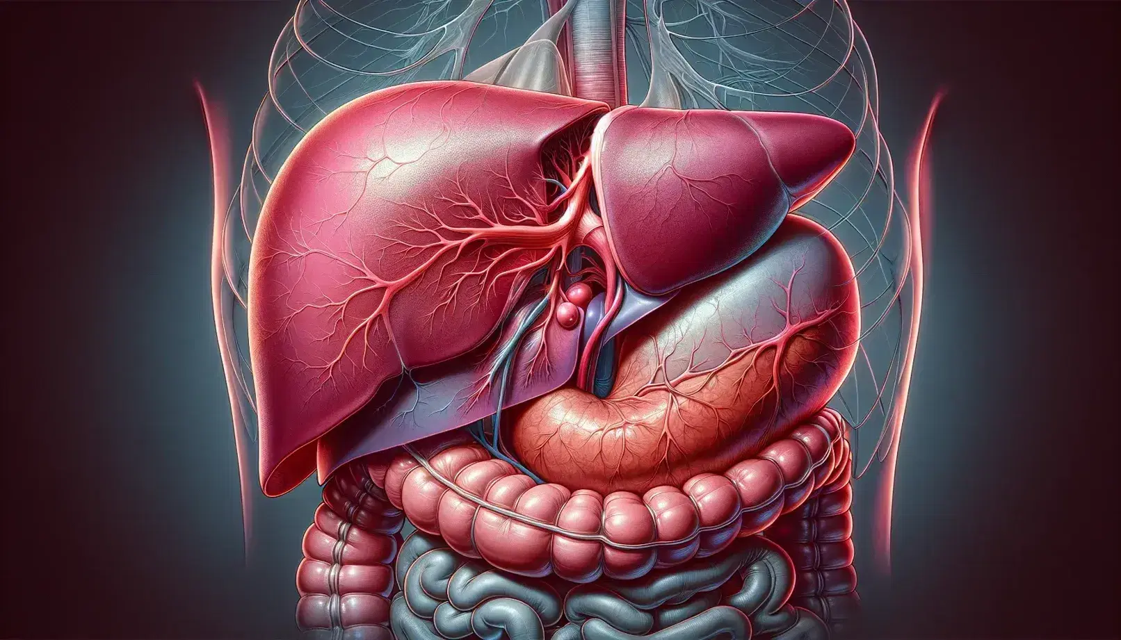 Representación anatómica detallada del hígado humano en su ubicación natural, mostrando los lóbulos derecho e izquierdo, con estómago e intestino al fondo y sección de costillas y columna.