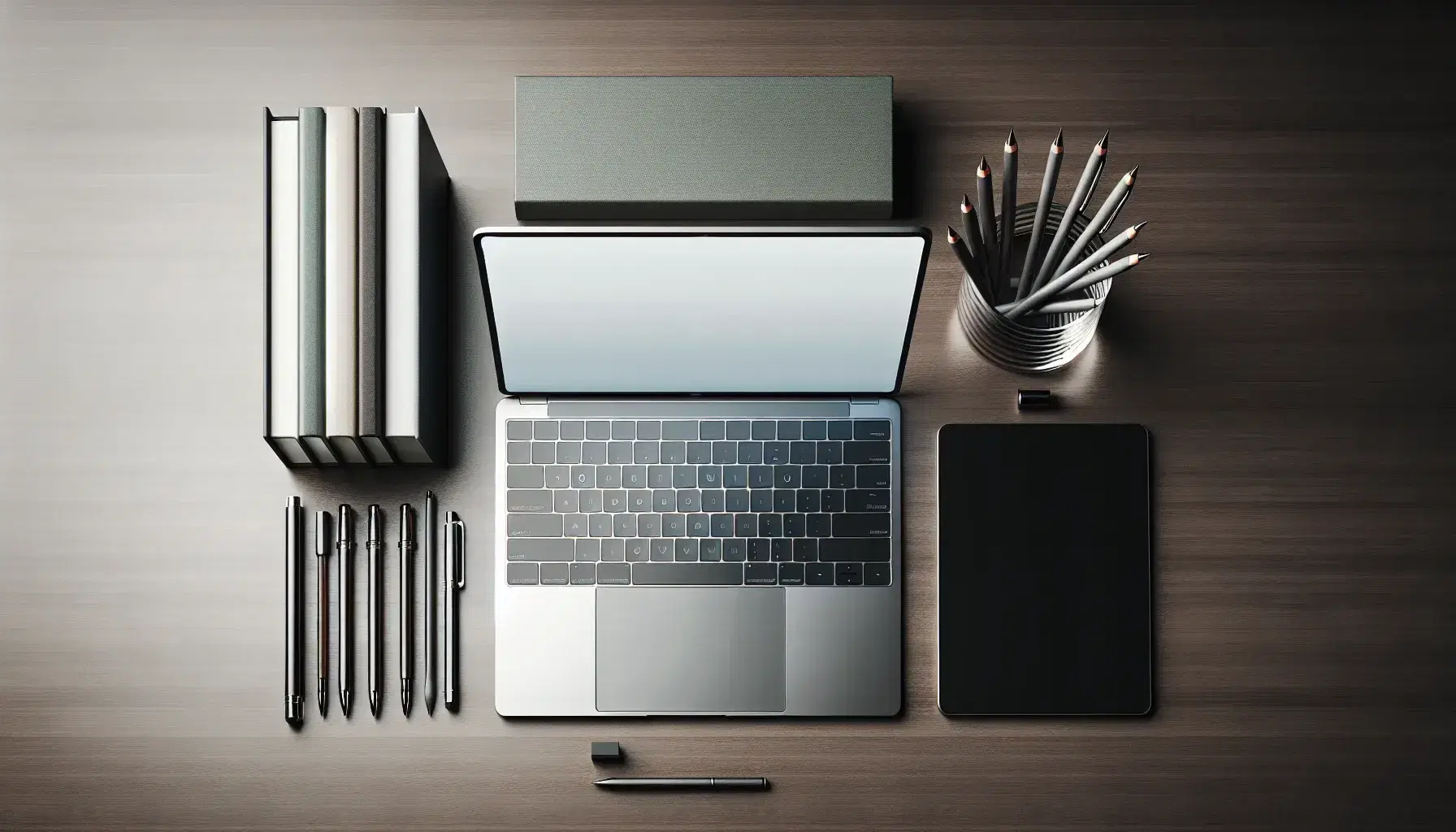 Modern office desk with laptop, digital tablet with stylus, glass of metallic pens, and three hardcover books on a dark walnut surface.