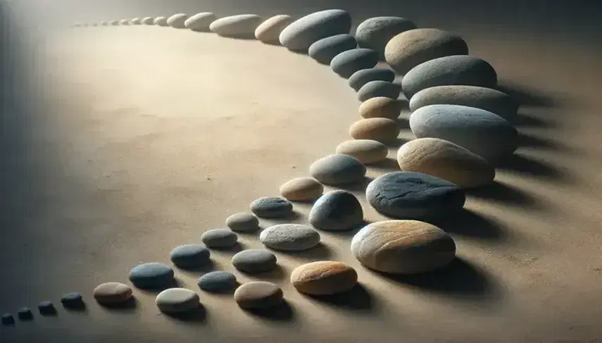 Smooth stones in size gradient on sandy background, from small light gray pebble to large dark slate rock, with natural diffused lighting.