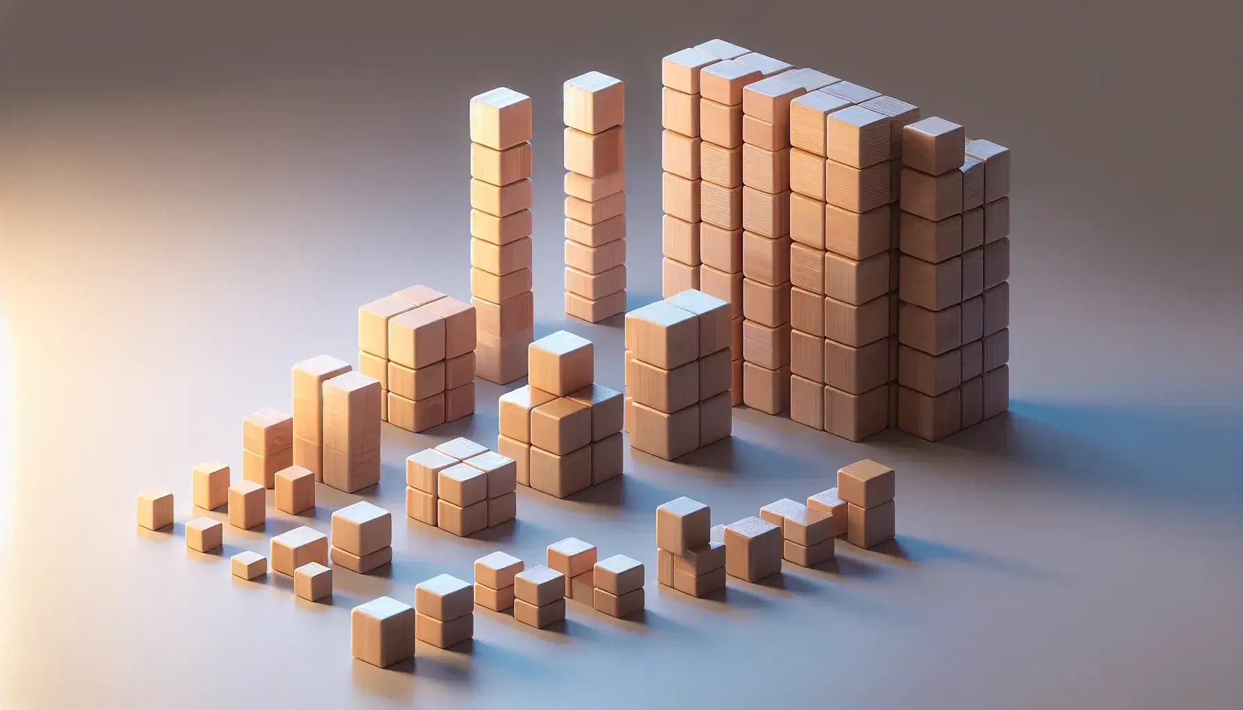 Blocchi di legno cubici rappresentano potenze e divisione, con torri di 1, 4 e 9 cubi e gruppi separati di 6 e 2 cubi su sfondo neutro.