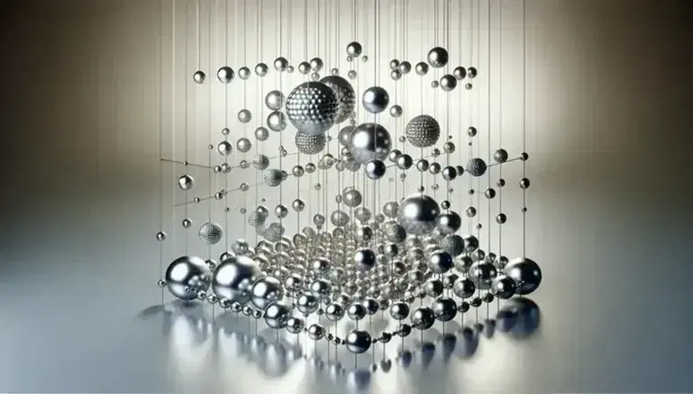 Sfere metalliche lucide sospese in griglia tridimensionale con riflessi luminosi e ombre su sfondo grigio neutro.