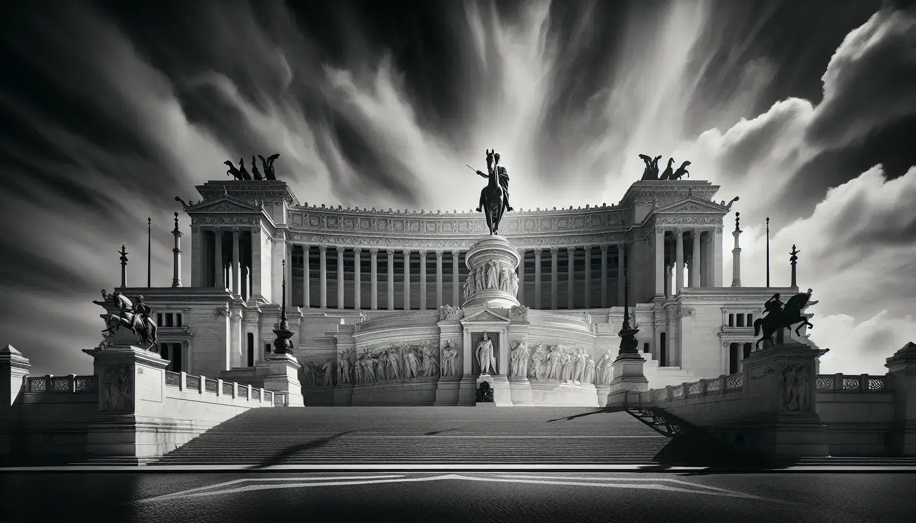 Monumento Vittorio Emanuele II a Roma, struttura in marmo bianco con statua equestre e colonnati corinzi sotto cielo nuvoloso.