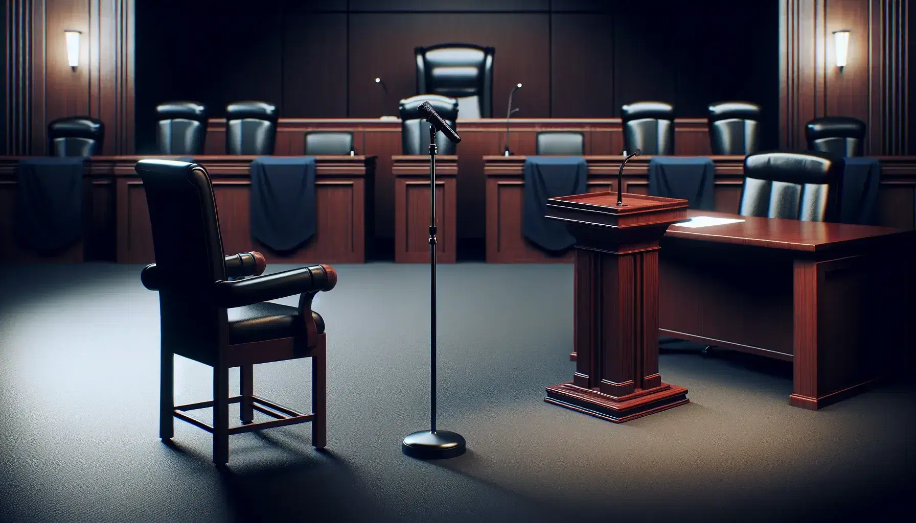Empty courtroom with mahogany witness stand, judge's desk with black leather chair, tables with papers and pen, blue upholstered jury chairs.