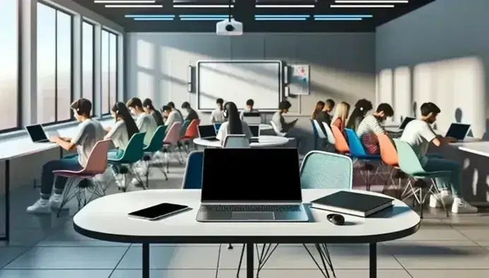 Aula moderna con estudiantes concentrados en dispositivos electrónicos, sillas ergonómicas de colores y una pizarra blanca limpia, bajo iluminación natural y LED.