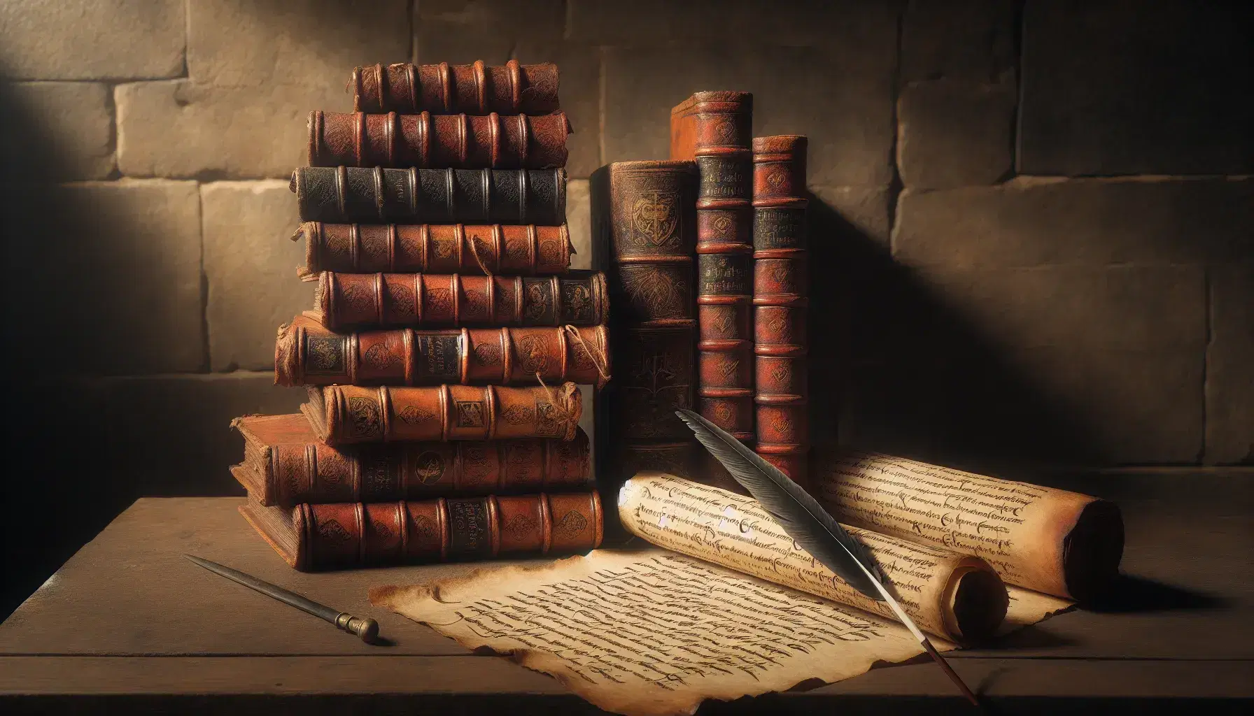 Libros antiguos apilados en mesa de madera con pergamino y pluma de ave usada para escribir, fondo de pared de piedra, ambiente histórico.