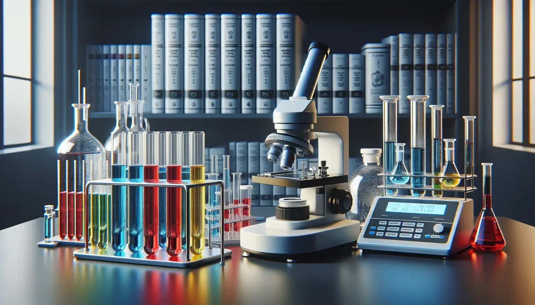 Laboratorio farmacéutico con tubos de ensayo de colores en soporte metálico, microscopio plateado y balanza analítica digital sobre mesa iluminada.