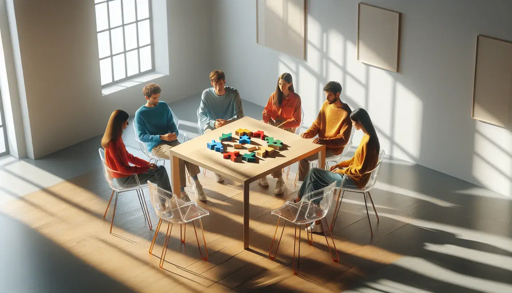 Gruppo di cinque persone sedute in cerchio su sedie trasparenti intenti a comporre puzzle geometrici su tavolo in legno chiaro, in ambiente luminoso.