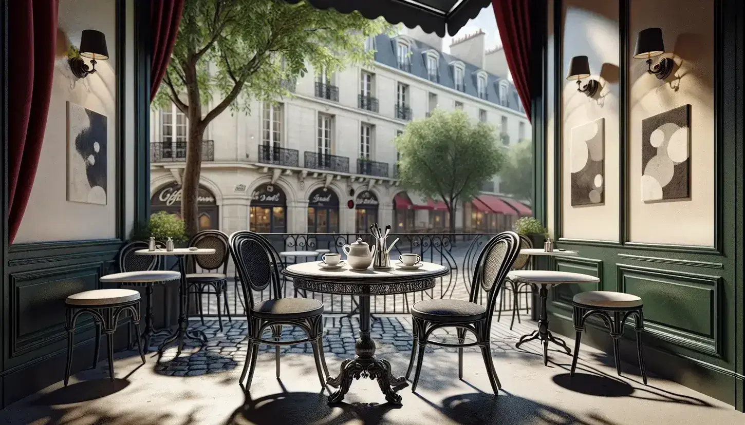 Classic French café scene with a wrought iron table set, white coffee cups, and a sugar bowl, overlooking a cobblestone street and traditional architecture.